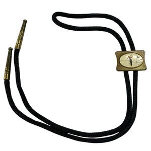 Vintage Golfer Bolo Tie Gold Tone Slide Black Cord Western Mens Accessory